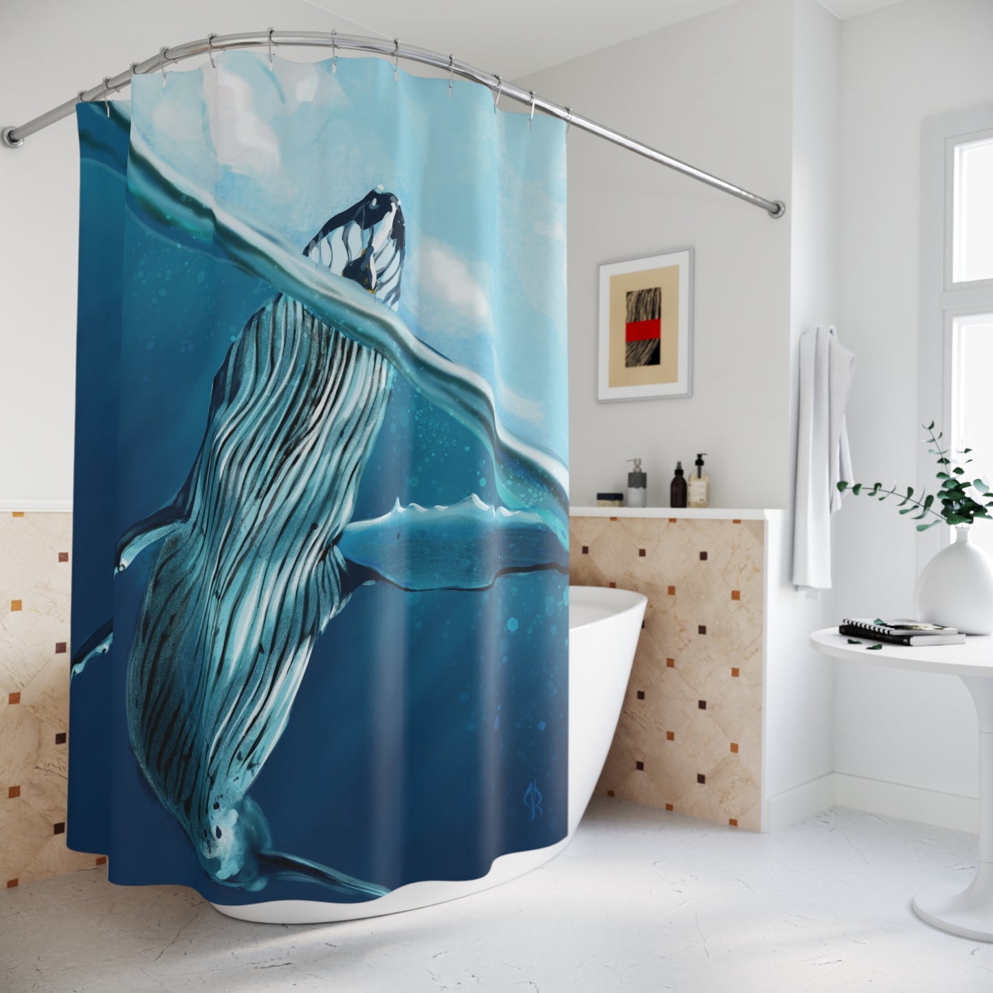 Humpback Whale Shower Curtain | Ocean Bathroom Decor, Underwater Sea Animal Bath Curtain, Marine Life Home Accessories, Nautical - Jacqueline Baumgardt Art
