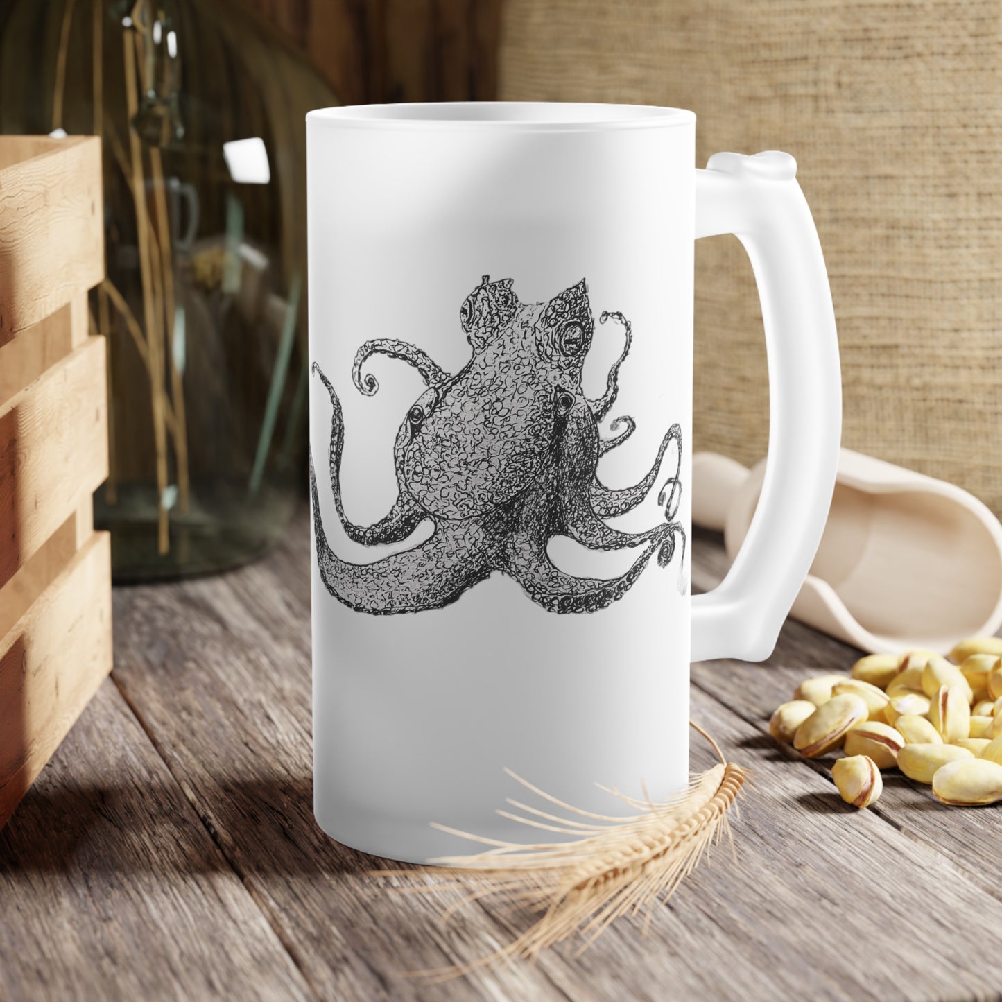 Octopus Drawing Frosted Glass Beer Mug
